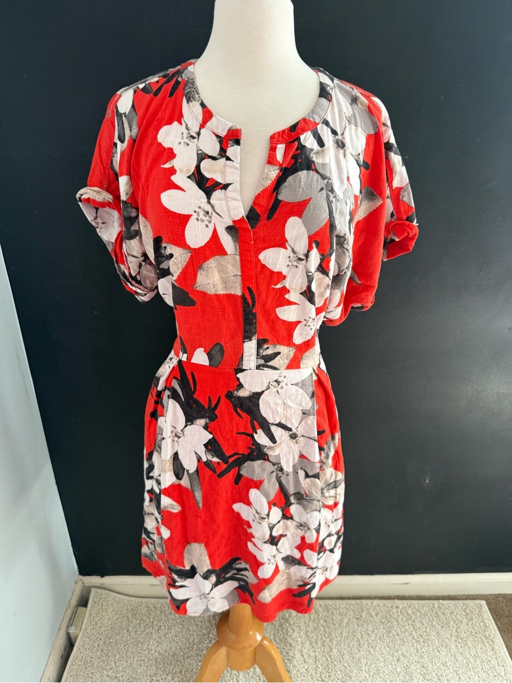 Simply Vera Vera Wang Red Floral Tie-Waist Linen Blend Summer Dress
